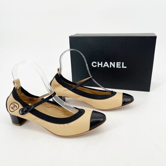 Chanel Retro y2k Beige & Black CC Cap Toe Leather Mary Jane Strap Heels EU 38.5 - Picture 1 of 12